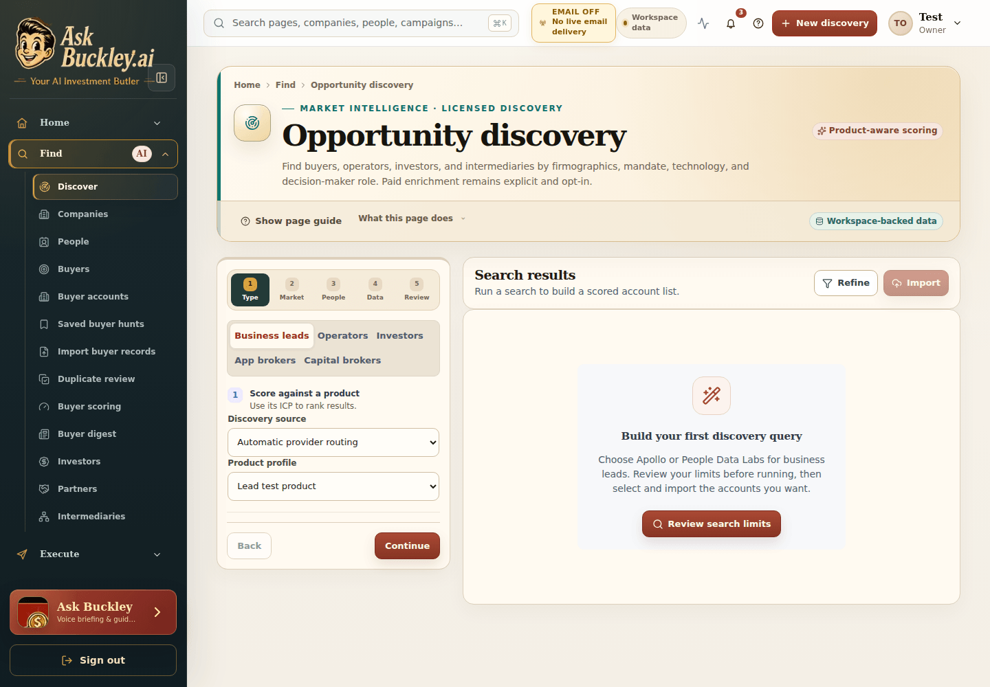 Buckley opportunity discovery workspace with a guided search builder and empty results panel