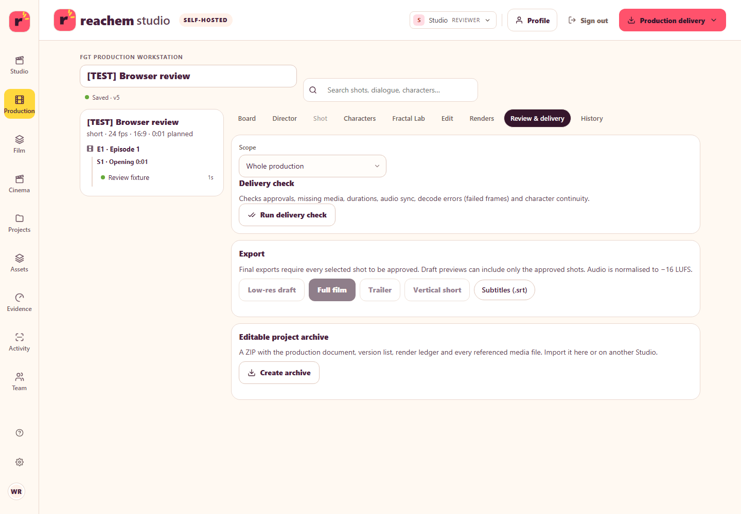 Reachem Studio review and delivery screen with delivery checks, export formats and editable archive controls