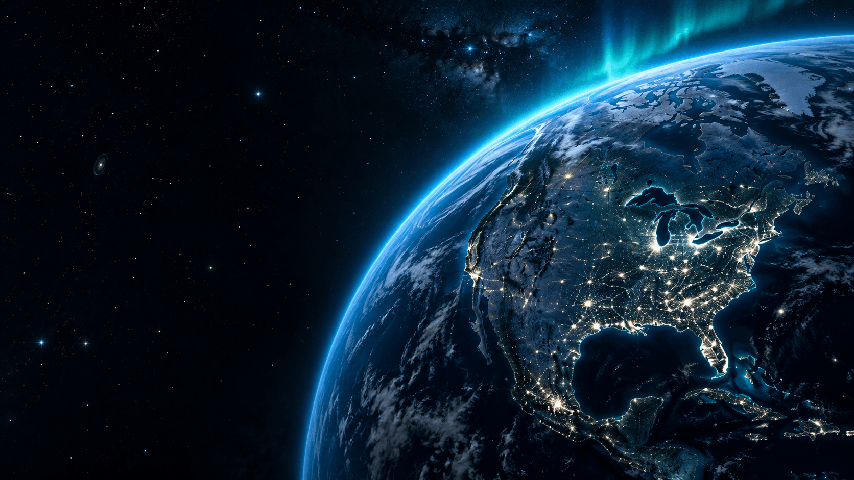 Earth viewed from orbit with illuminated networks across North America