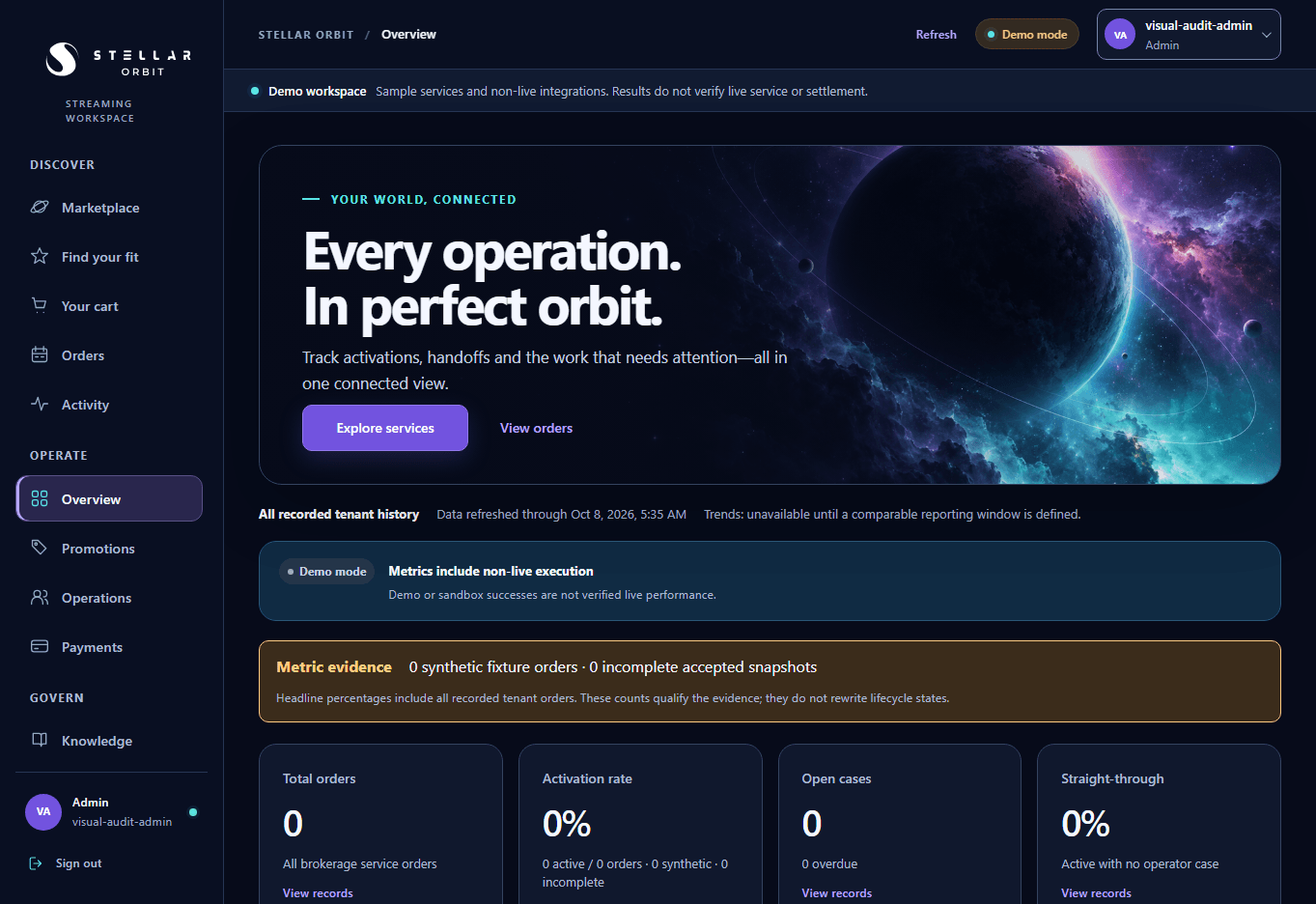 Stellar Orbit demo workspace with service marketplace navigation, order metrics and explicit demo-mode notices